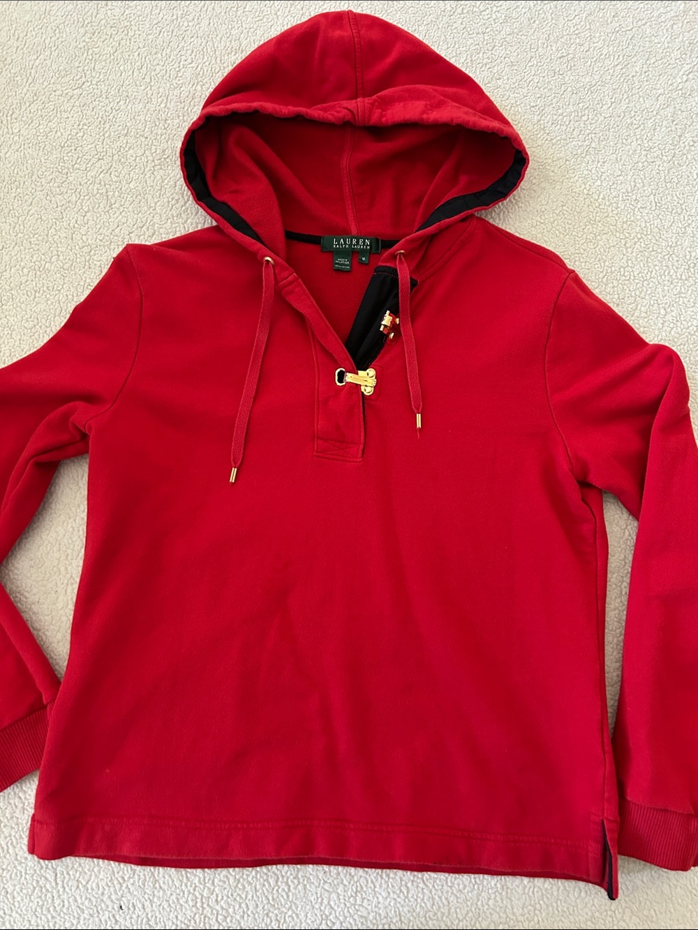 Ralph Lauren Red Hooded Jacket with Black Trim and Gold Accents